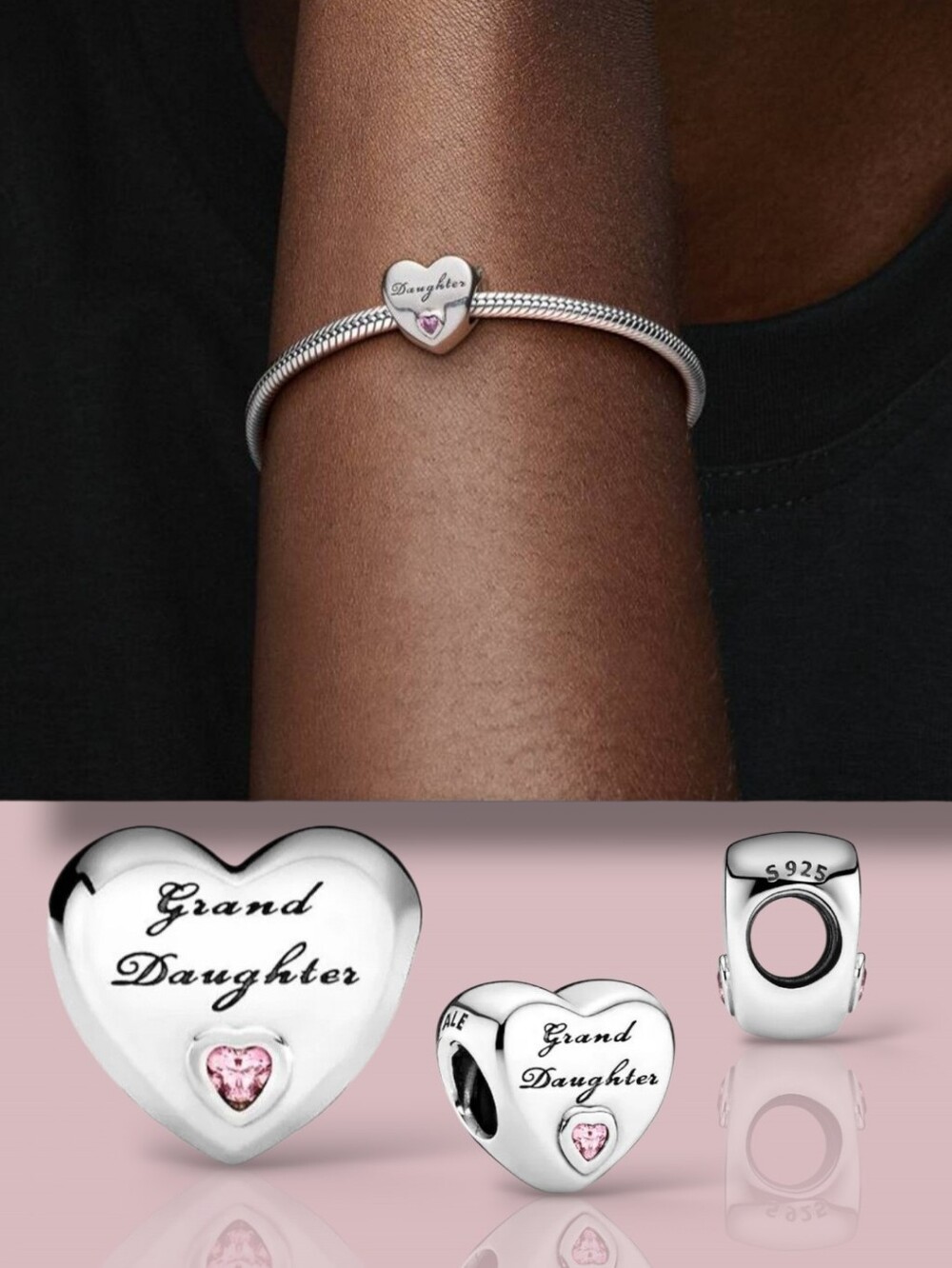 PANDORA Sterling Silver Grand Daughter Love Heart Charm With Pink CZ
